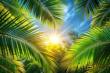 Fototapeta premium Vibrant Tropical Summer Background Palm Leaves and Sunshine