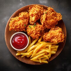 Fried chicken with fries and ketchup on white background