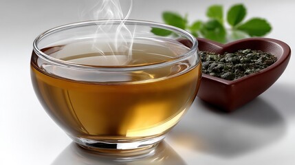 Hot Herbal Tea in a Glass Bowl with Fresh Mint Leaves and Tea Leaves on a Light Background