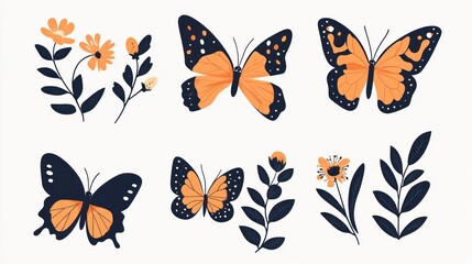 Orange butterflies and flowers, nature illustration, white background, design element