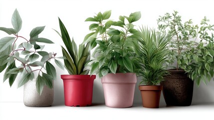 Fototapeta premium Various Indoor Potted Plants Displayed in Stylish Pots on a Clean White Background