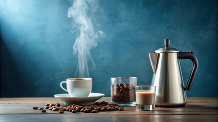 Obraz premium Steaming Coffee in a White Cup with Coffee Beans, a Metal Coffee Pot, and a Glass of Creamer on a Wooden Table