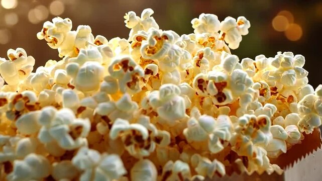 A bag overflowing with freshly popped popcorn, ideal for snacking during movies.