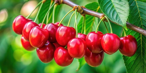 Obraz premium A Bountiful Cluster of Ripe Red Cherries Hanging from a Branch, Glistening in the Sunlight Amongst Lush Green Foliage