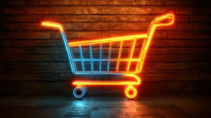 Neon shopping cart on brick wall