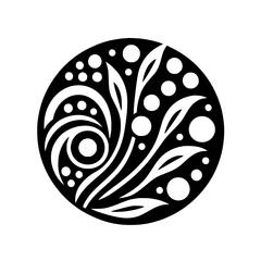 Abstract Floral Design in Circle, Black and White Decorative Element