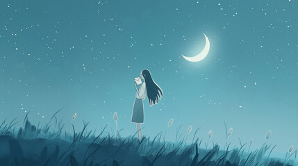 Illustration of a girl in the moonlight