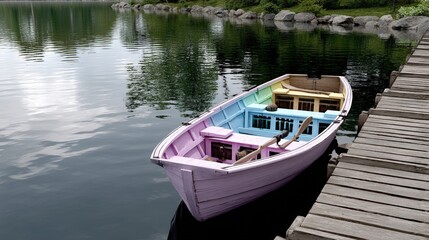 Obraz premium Colorful Wooden Boat Docked by Tranquil Waters Surrounded by Lush Greenery and Stone Shoreline