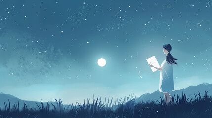 Illustration of a girl in the moonlight
