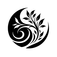 Black and White Abstract Nature Element, Circle, Leaves, Decorative Design