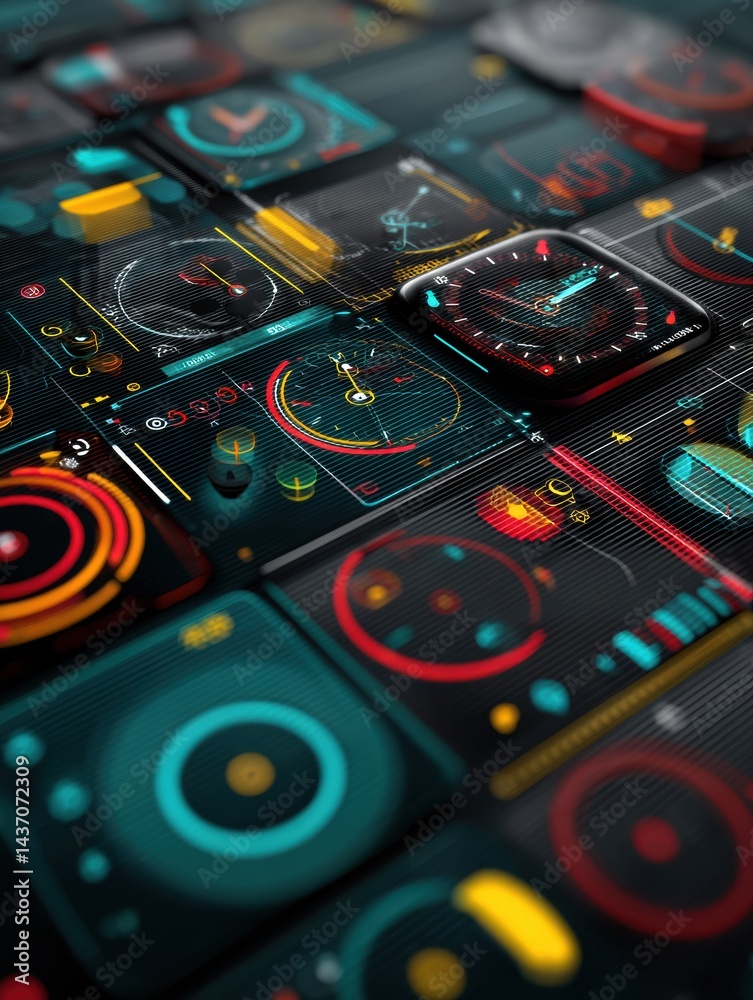 Aufkleber Futuristic Smartwatch Interface Concept Featuring Vibrant Motion UI Design With Innovative Layout and Interactive Elements