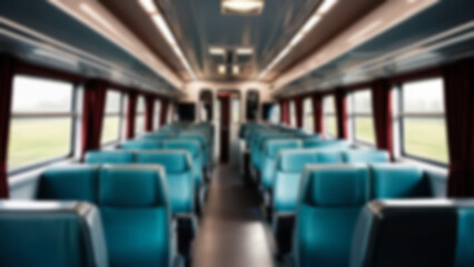 Fototapeta premium blurred train seats, interior inside a passenger train, economy class, with blurred train seats in the background