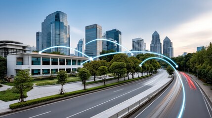 Modern Urban Landscape with Communication Lines Connecting Buildings and Road in Twilight