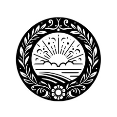 Monochromatic Floral Circle Logo: Sunset, Landscape, Ornament
