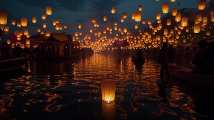 Night cityscape reflection tranquil water warm tones