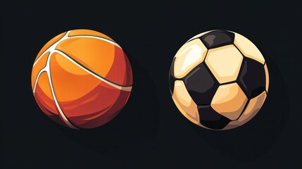 Fototapeta premium Basketball and soccer balls on dark background; game, sport, competition