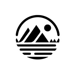 Minimalist Mountain Landscape Icon, Circle Design, Black and White