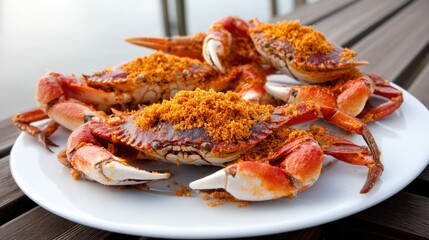 Freshly Steamed Crabs Garnished with Spices on a Plate by Water for Seafood Lovers