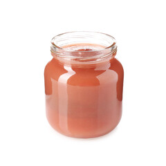Baby food. Tasty puree in glass jar isolated on white