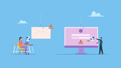 AI robot warns the internet user. Artificial intelligence powered cybersecurity. AI-enhanced phishing protection, email and website scanning. AI-powered security training, encryption