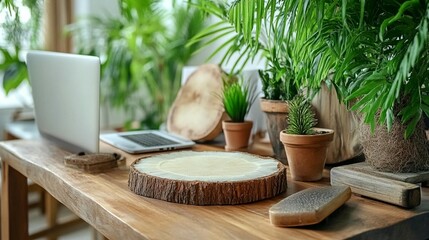 Serene indoor scene lush greenery stones bowl wooden surface natural light