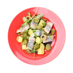 Delicious salad with herring isolated on white, top view