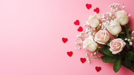 Pink background with a white and pink rose bouquet on the right side, small red hearts scattered around the flowers, a flat lay composition.