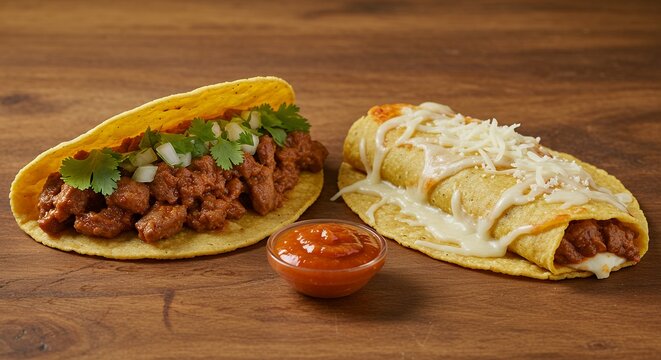 culinary stock photo rich detail presents authentic Mexican tacos served on corn tortillas gringa variations displayed rustic wooden background hot sauces capturing traditional flavors perfect food