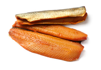Delicious smoked herring fillets isolated on white