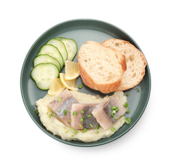 Pieces of delicious herring, mashed potato, cucumber slices and bread isolated on white, top view