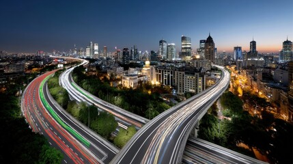 Fototapeta premium Urban Nightscape with Illuminated Highways and City Skyline at Dusk in Modern Metropolis