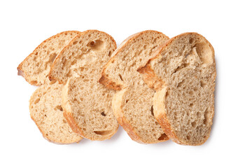 Pieces of fresh bread isolated on white, top view