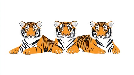 Fototapeta premium Three tiger cubs lying down, white background, wildlife illustration, perfect for children's books
