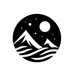 Mountain Night Sky Icon: Black and White Minimalist Design