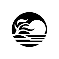 Modern Minimalist Beach Scene Logo: Sun, Palm, Waves, Vector Illustration