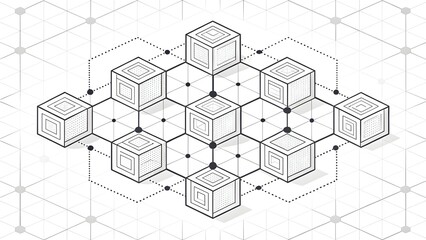 Interconnected geometric cubes forming a complex network structure showcasing isometric design elements with a subtle grayscale palette and dotted lines connecting nodes in a hexagonal grid pattern