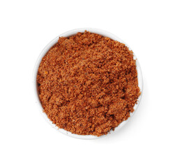 Superfood. Nutmeg powder in bowl isolated on white, top view
