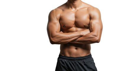 Fototapeta premium A muscular man with arms crossed and wearing shorts against a transparent background