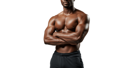 A muscular man with arms crossed posing in front of a transparent background