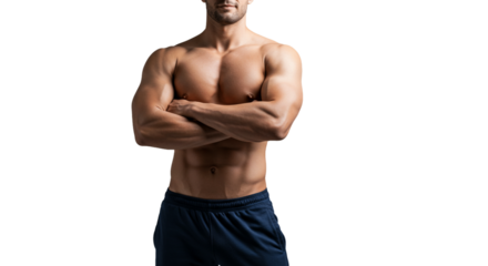 A muscular man with arms crossed wearing blue shorts on a transparent background