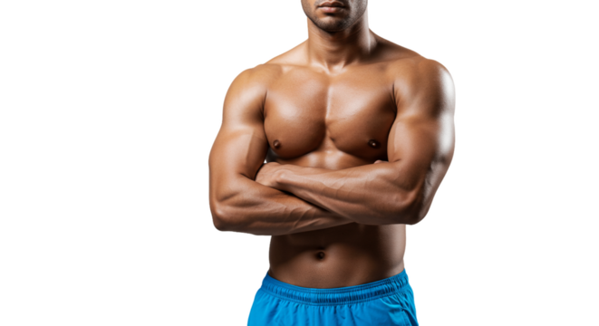 A muscular man with his arms crossed wearing blue shorts against a transparent background