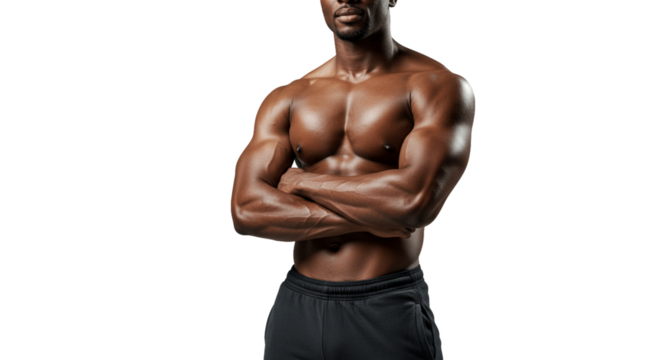 A muscular man with arms crossed posing in front of a transparent background - Powered by Adobe
