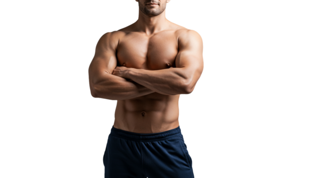 A muscular man with arms crossed wearing blue shorts on a transparent background