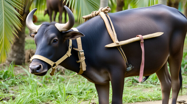 A young carabao (Bubalus bubalis), a water buffalo native to the Philippines, stands wearing a homemade wooden yoke and harness used for pulling loads, in a coconut plantation on Mindoro Island.