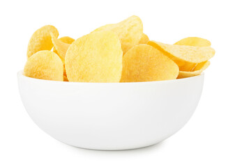 Tasty potato chips in bowl isolated on white