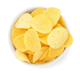 Tasty potato chips in bowl isolated on white, top view
