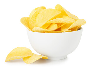 Tasty potato chips in bowl isolated on white