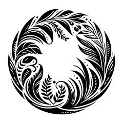 Floral Circle Vector: Elegant Black & White Leafy Design
