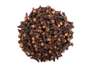 Pile of aromatic cloves isolated on white, top view