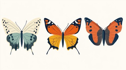 Fototapeta premium Three colorful butterflies, nature illustration, design element, white background